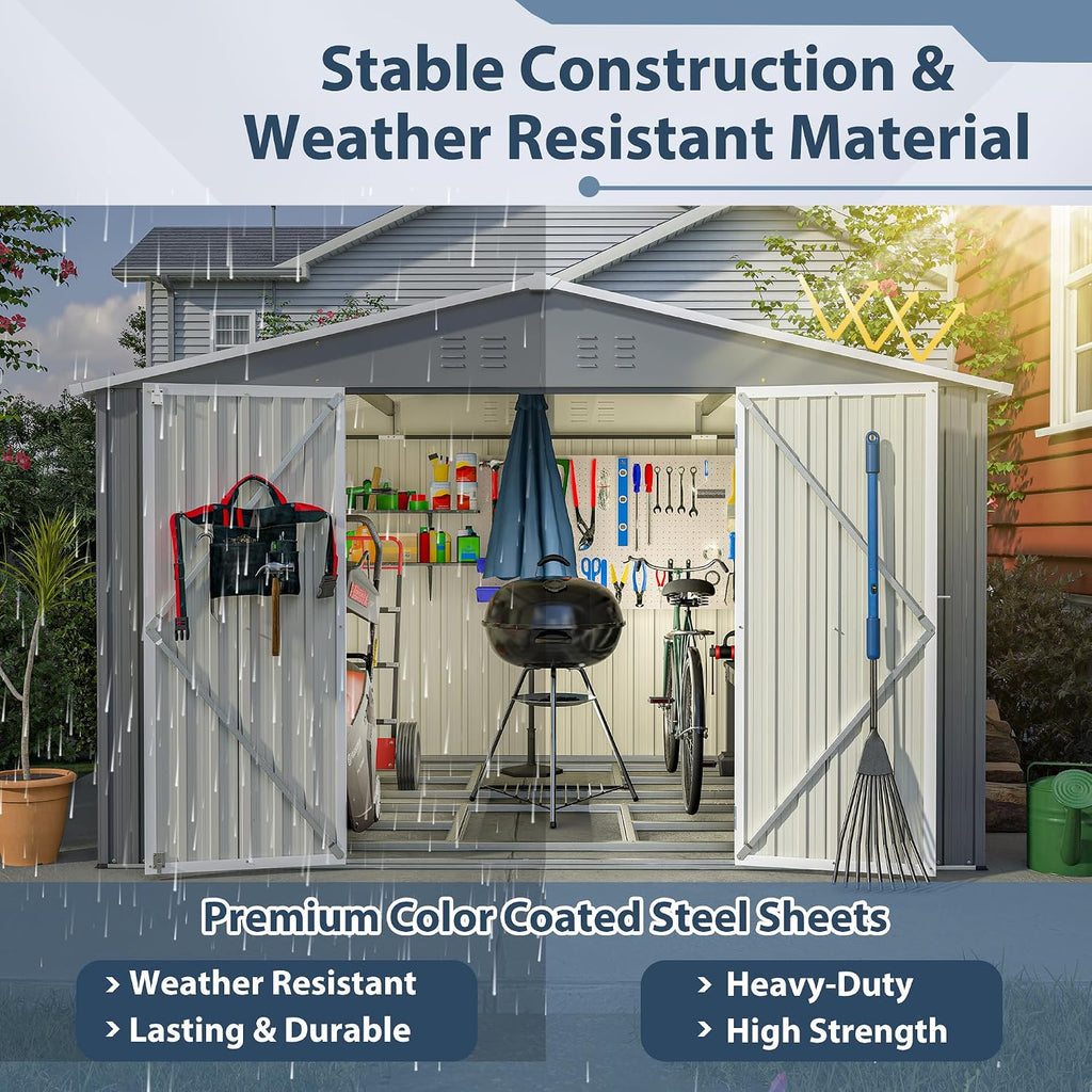 10x8 FT Outdoor Storage Shed with Lockable Double Doors, Aluminum Frame, Weatherproof with Frame Floor, Metal Tool Shed for Garden, Backyard, Patio, and Equipment Storage