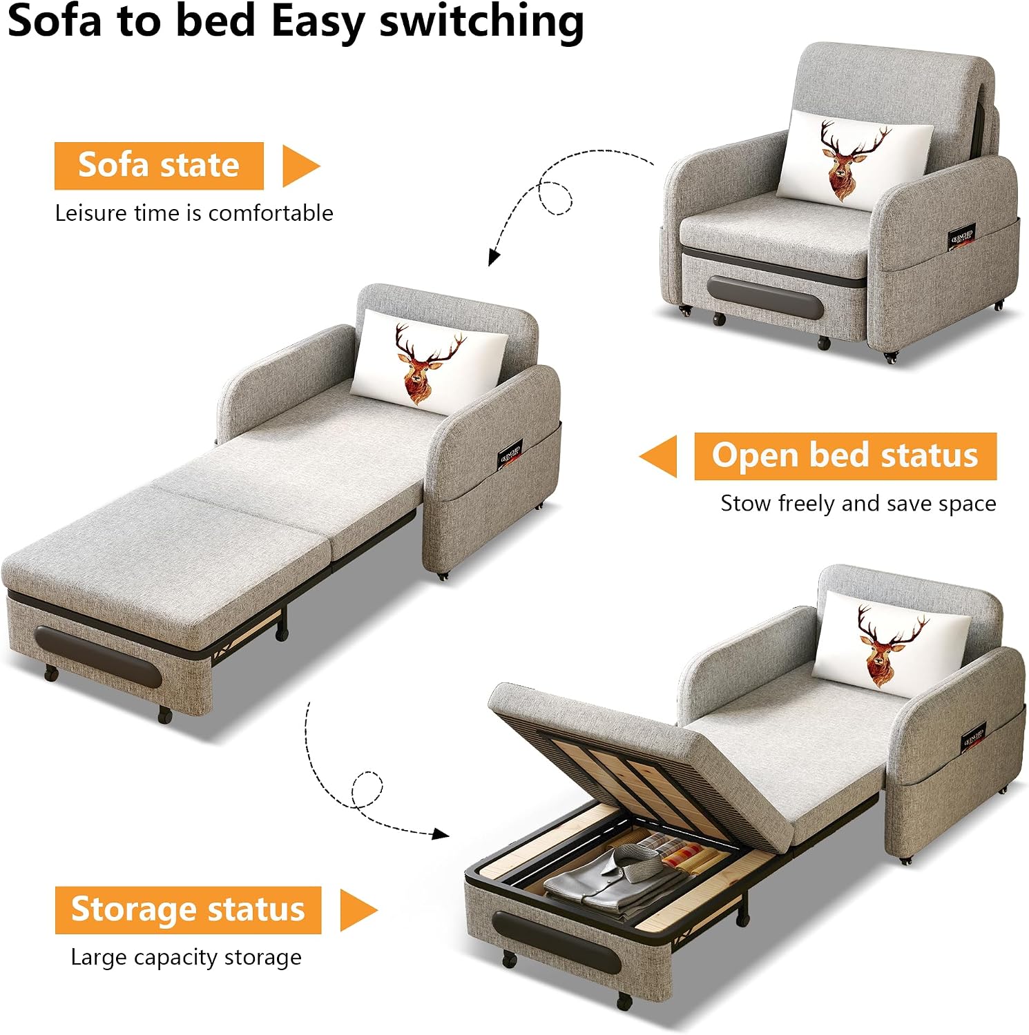 34.6' Small Pull-Out Sofa Bed, Modern Versatile Futon Sleeper Couch, Daybed with Trundle Space-Saving for Living Room, RV, Studio or Guest Room, Gray & White