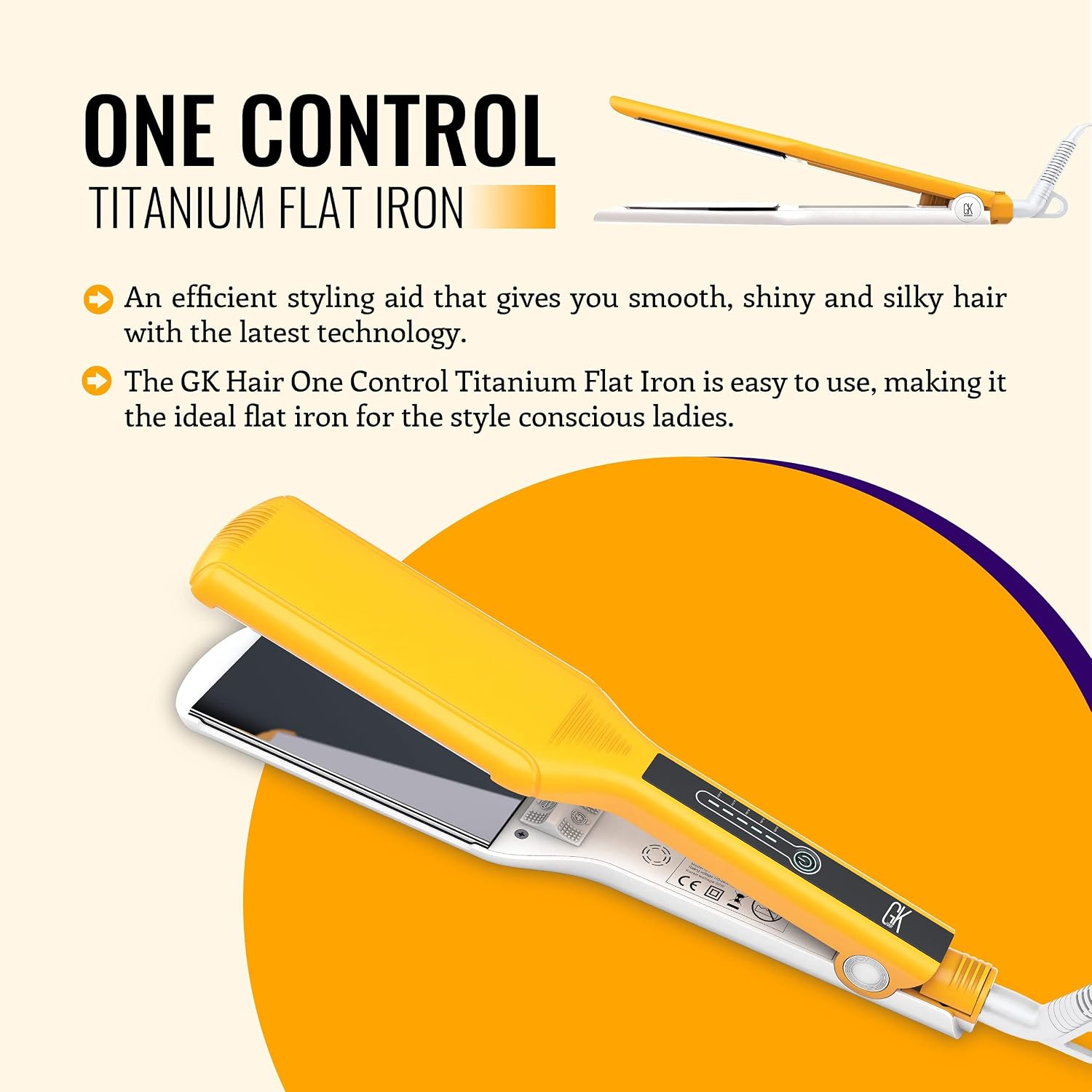 GK HAIR Global Keratin One Control Titanium Styling Flat Iron, 1.5 inches Wide Plates, Auto Shutoff, Professional Straightener, All Hair Types, 150C-232C