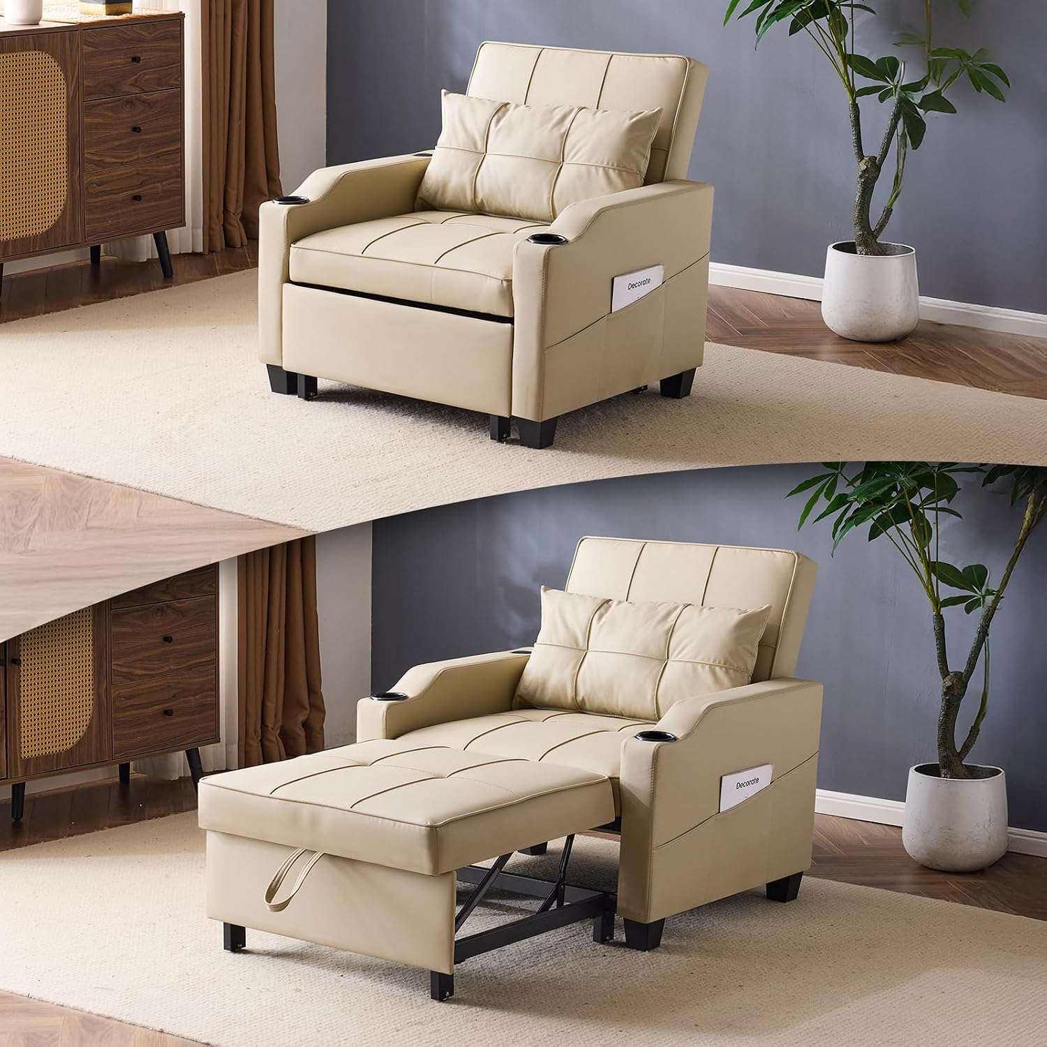 VINGLI Sofa Bed Chair Recliner, 3-in-1 Convertible Sleeper Sofa Chair Bed Beige Daybed Pull Out Couch Bed with Adjustable Backrest, USB Ports, Cup Holders for Small Spaces Living Room