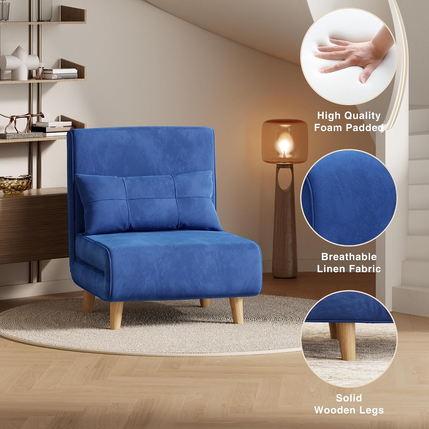 Aiho 3 in 1 Sleeper Chair, Convertible Futon Chair Bed, Velvet Sofa Bed with Adjustable Backrest, Living Room Chair for Apartment/Bedroom/Guest Room, Blue