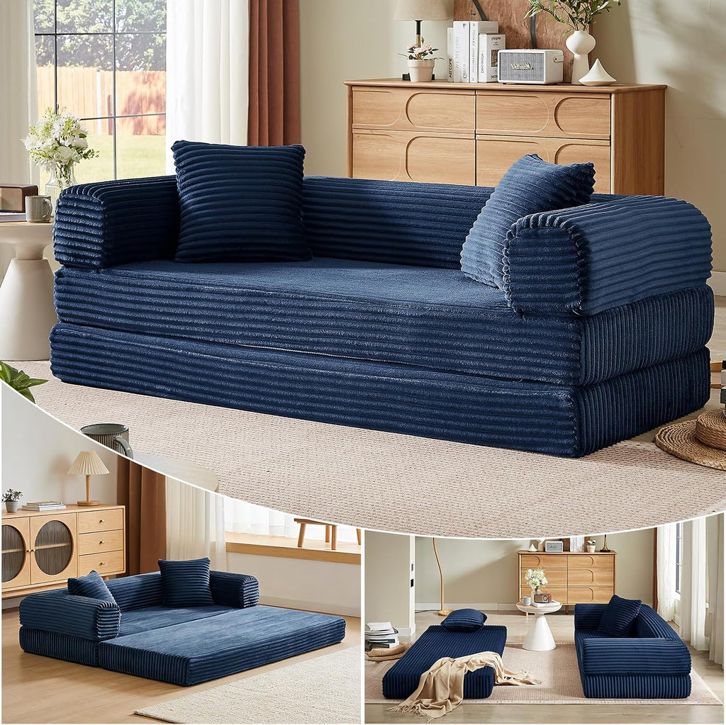 78 Inch Convertible Folding Sleeper Sofa Bed, Fold Out Floor Sofa Couch with Fixed-Shape Frame, Cloud Corduroy Foldable Mattress Couch for Living Room Bedroom (Blue)