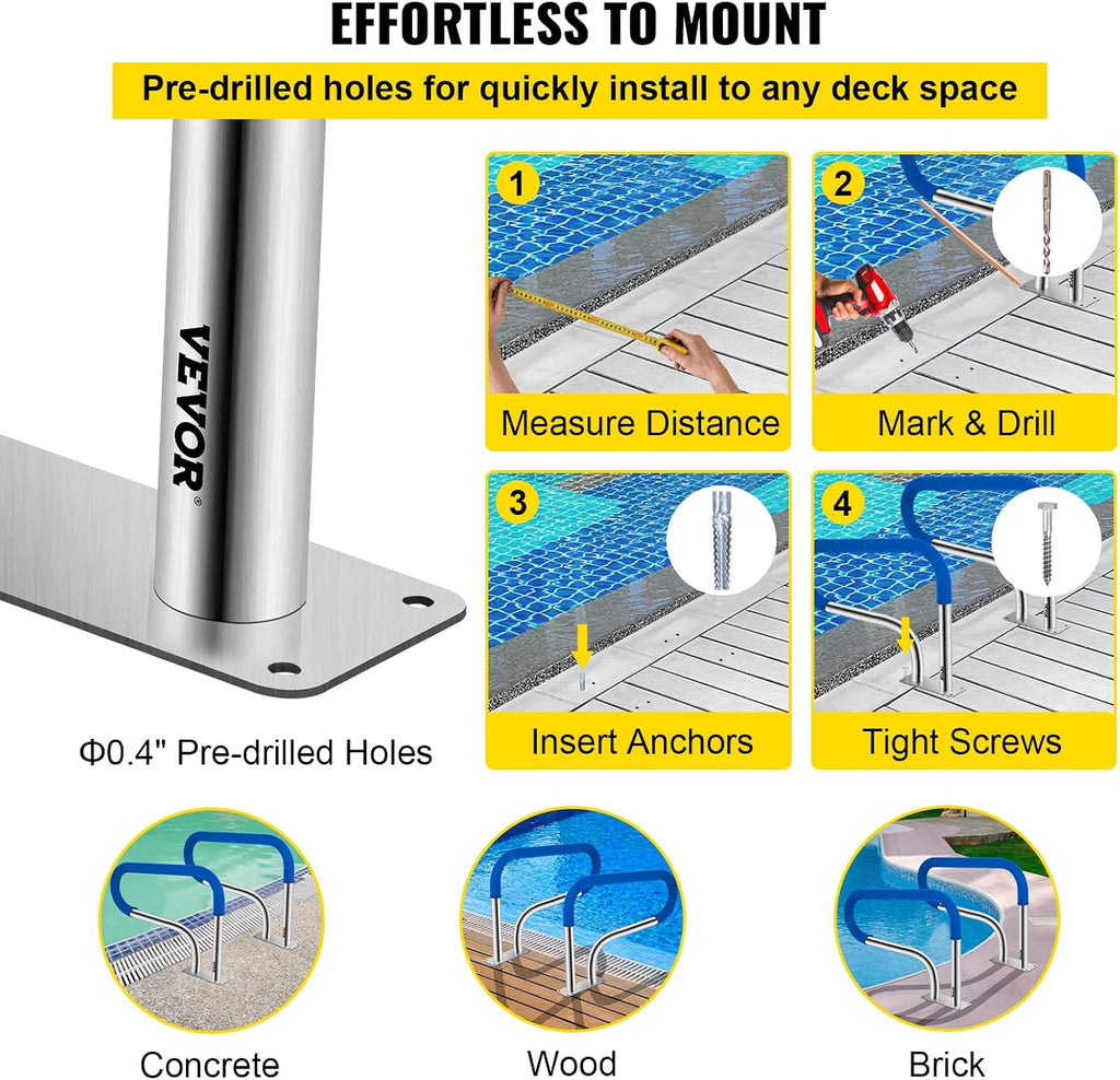 VEVOR Pool Handrail, 32 x 22.5 Swimming Pool Stair Rail, 304 Stainless Steel Stair Pool Hand Rail Rated 375lbs Load Capacity, Pool Rail with Quick Mount Base Plate, and Complete Mounting Accessories