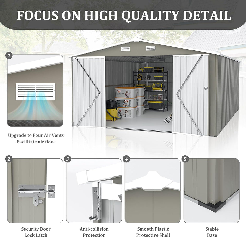 10 x14 FT Outdoor Storage Shed, Extra Large Metal Garden Shed with Waterproof Roof and 3 Lockable Doors, All-Weather Utility Tool Shed Storage House for Backyard, Patio, Lawn (Light Gray)