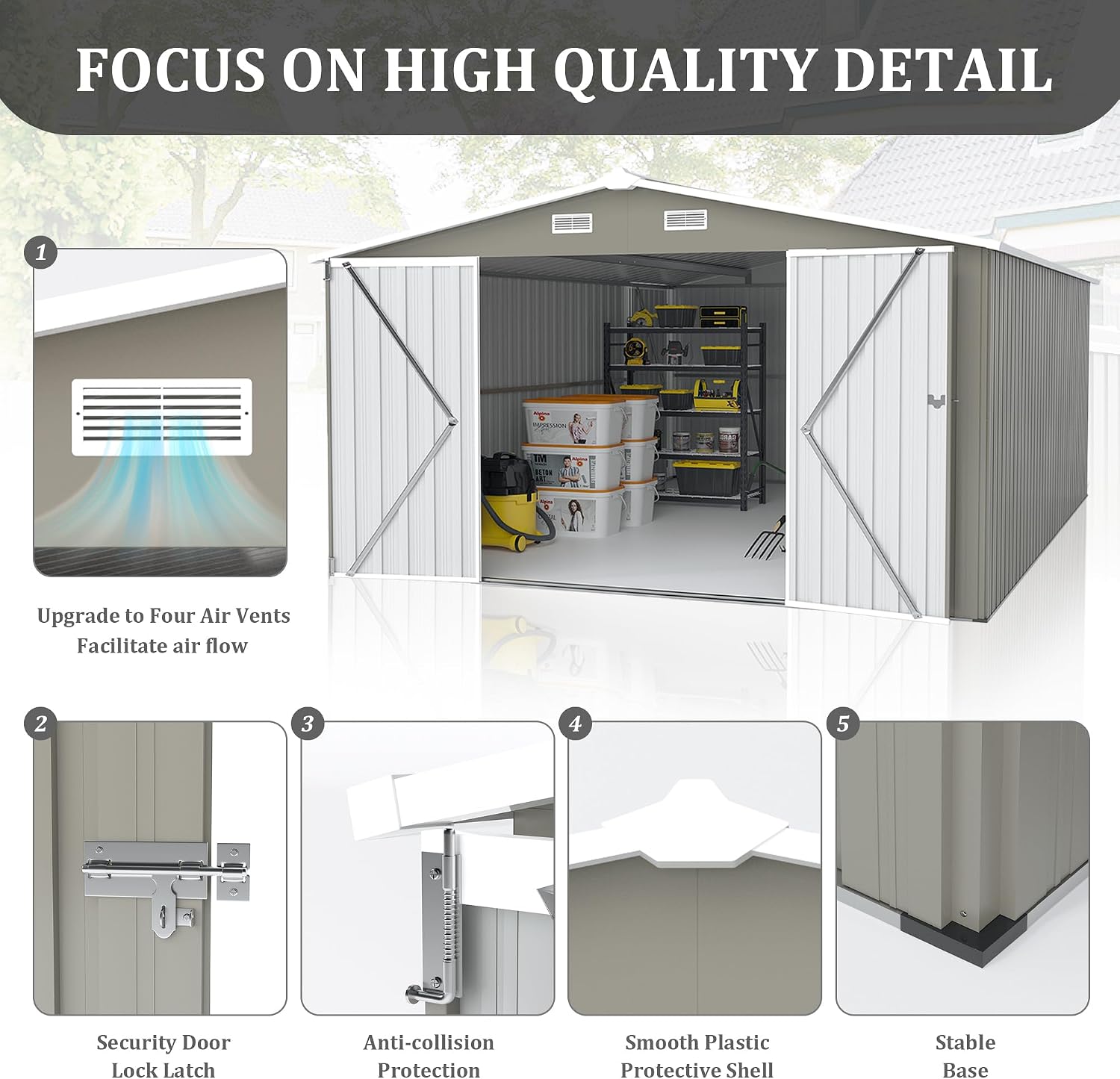 10 x14 FT Outdoor Storage Shed, Extra Large Metal Garden Shed with Waterproof Roof and 3 Lockable Doors, All-Weather Utility Tool Shed Storage House for Backyard, Patio, Lawn (Light Gray)
