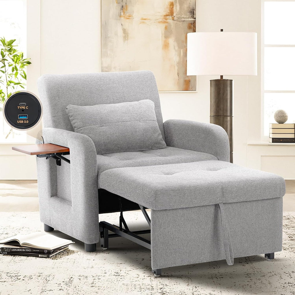 COLAMY Convertible Sleeper Chair-Fabric Futon Sofa Bed, Single Sleeper Sofa, Small Couch Bed with USB Port, Foldable Table, Pillow, Adjustable Backrest for Dorm/Bedroom/College Lightgrey