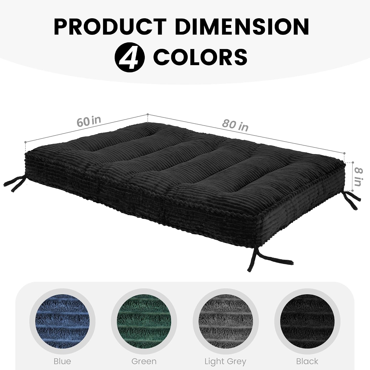 8 Inches Futon Mattress Queen Size, Extra Thick Futons Sofa Couch Bed with Strap Design, Japanese Floor Mattress for Adults, Folding Mattres Shredded Foam Filling (Frame Not Included), Black