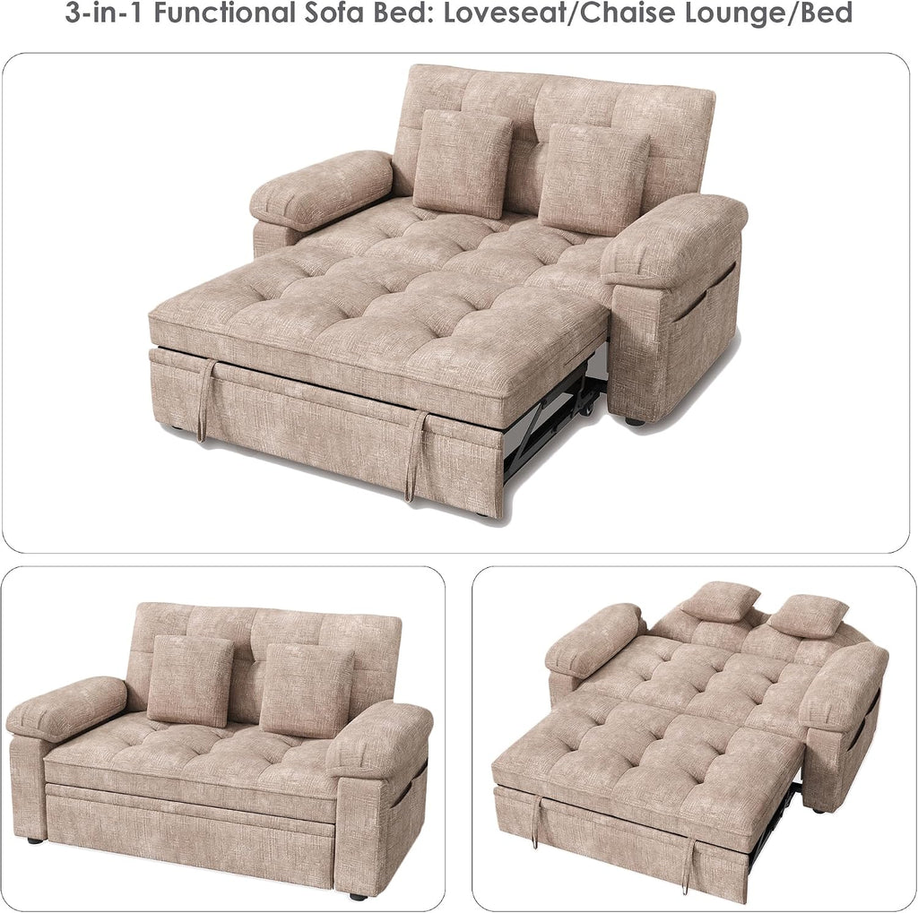 Keyluv 59' Loveseat Sleeper Sofa with USB Ports & Side Pockets, 3 in 1 Convertible Sofa Bed for Living Room/RVs/Camper, Pull Out Couch with Adjustable Backrest, Chenille Khaki