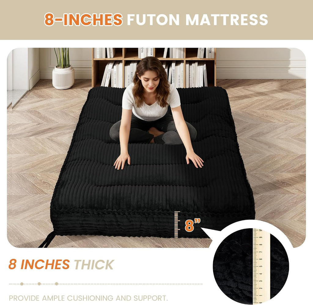 8 Inches Futon Mattress Queen Size, Extra Thick Futons Sofa Couch Bed with Strap Design, Japanese Floor Mattress for Adults, Folding Mattres Shredded Foam Filling (Frame Not Included), Black