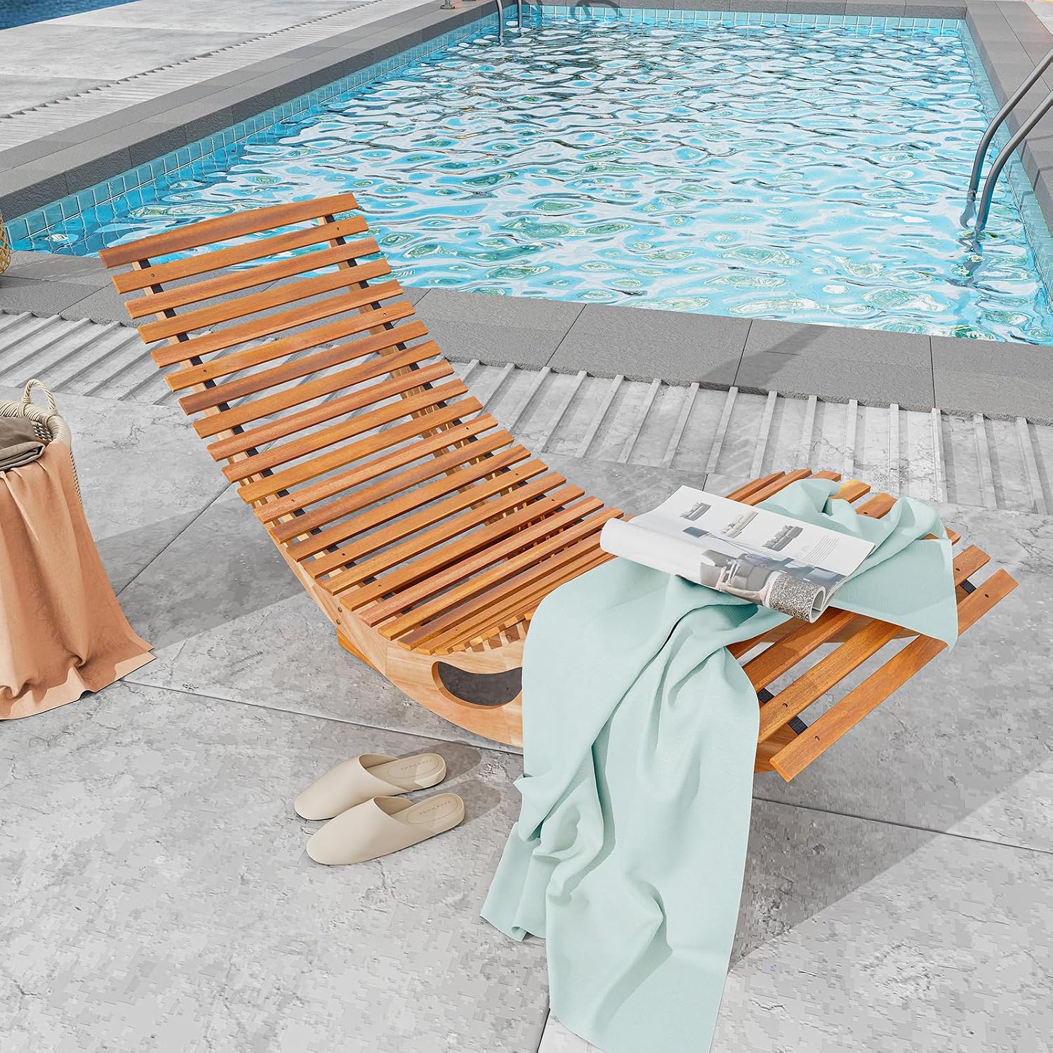 RELAX4LIFE Rocking Chaise Lounge Chair - Acacia Wood Sun Lounger w/Slatted Seat & Bottom Stopper, Indoor Outdoor Rocker for Pool Porch Patio, 350LBS Capacity, Wooden Rocking Lounge Chair (1, 23.5'')