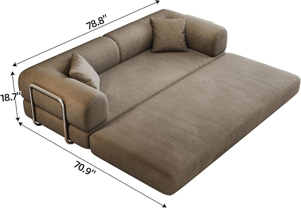 79' Convertible Sofa Bed, Corduroy Folding Pull Out Couch with Pillows, No Assembly Modern Boneless Couch Compression Sofa in Box, Floor Sofa with Support Rods for Living Room,Camel