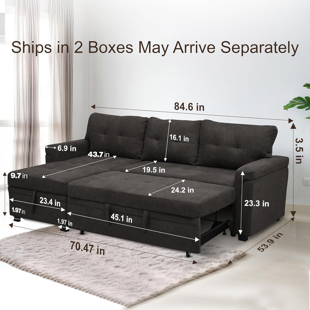 Naomi Home L Shaped Sectional Couch with Storage & Pull Out Bed – 3-in-1 Convertible Sleeper Sofa Bed, Small L Shape Sofa for Living Room, Sofa Bed with Storage Chaise in Espresso, Velvet