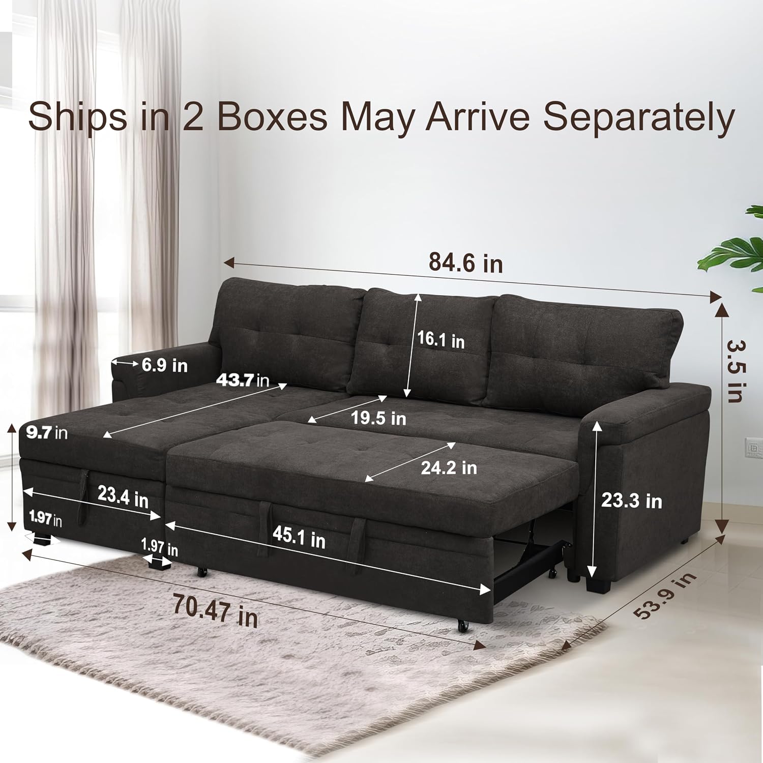 Naomi Home L Shaped Sectional Couch with Storage & Pull Out Bed – 3-in-1 Convertible Sleeper Sofa Bed, Small L Shape Sofa for Living Room, Sofa Bed with Storage Chaise in Espresso, Velvet