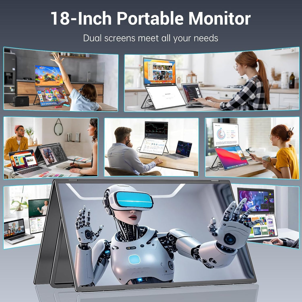 InnoView 18.5' Dual Portable Monitor 100Hz 2K 2560x1600P 100% sRGB Foldable & Stackable Design with 315° Screen Adjustment | DP/USB-C/HDMI, Second Monitor for Laptop, Mac, Windows