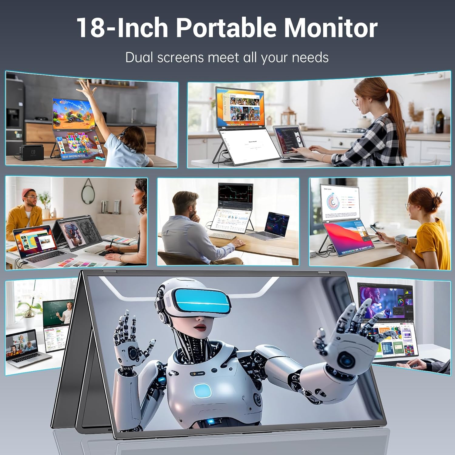 InnoView 18.5' Dual Portable Monitor 100Hz 2K 2560x1600P 100% sRGB Foldable & Stackable Design with 315° Screen Adjustment | DP/USB-C/HDMI, Second Monitor for Laptop, Mac, Windows