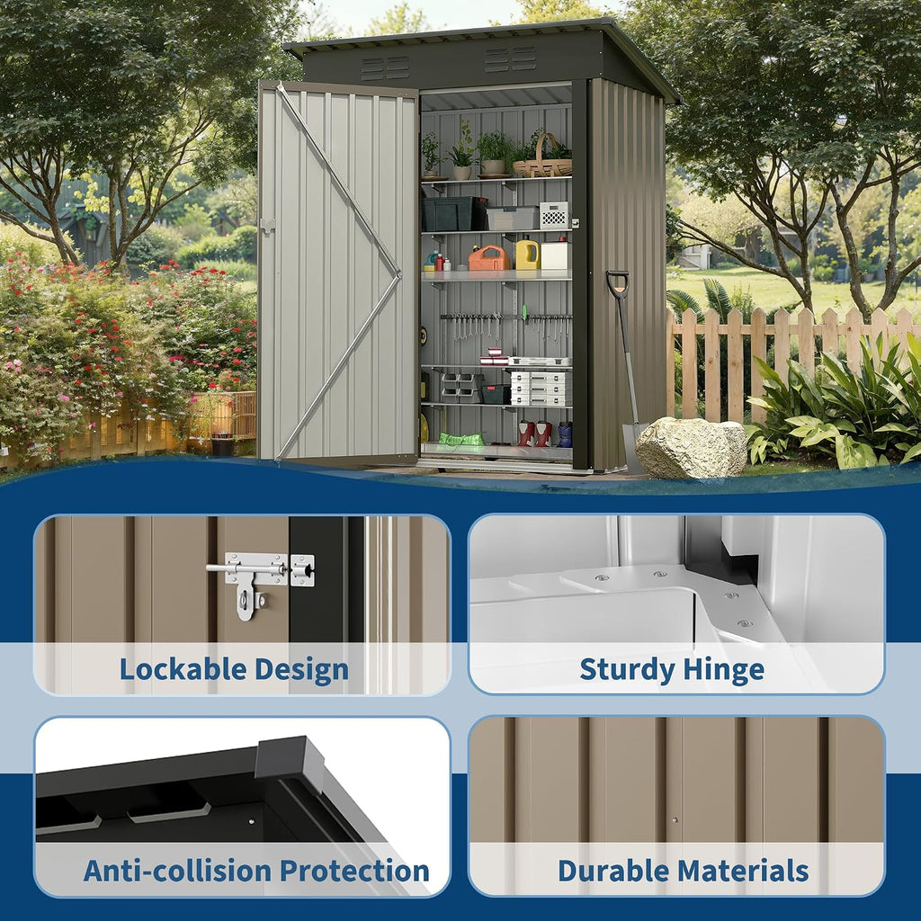 GarveeLife 5x3 FT Outdoor Storage Shed, Tool Shed with Sloping Roof and Lockable Door, Compact Metal Tool Garden Shed for Garden, Backyard, Patio (Brown)