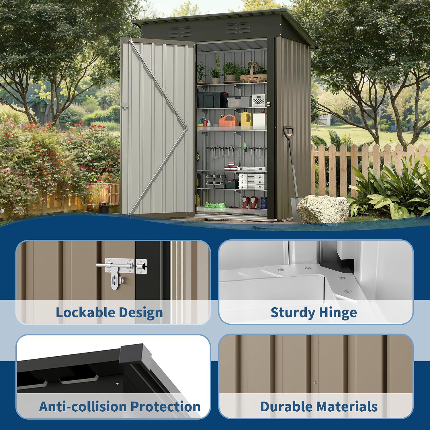 GarveeLife 5x3 FT Outdoor Storage Shed, Tool Shed with Sloping Roof and Lockable Door, Compact Metal Tool Garden Shed for Garden, Backyard, Patio (Brown)