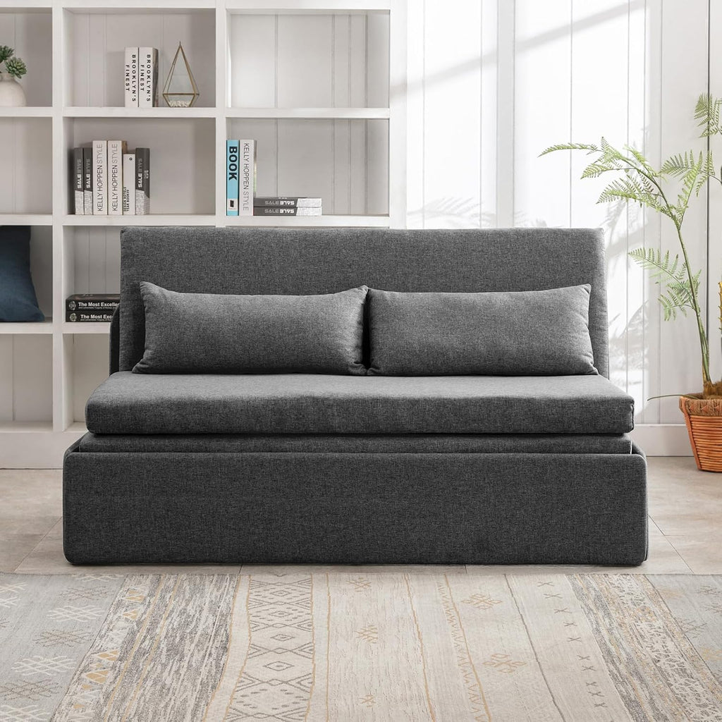 BALUS 61' Queen Sofa Bed Couch Convertible Sleeper with Pullout Beds, Folding Sofabed Guest Bed with 2 Pillows, Tri-fold Mattress Sofas Armless Loveseat for Living Room Apartment Loft - Dark Gray