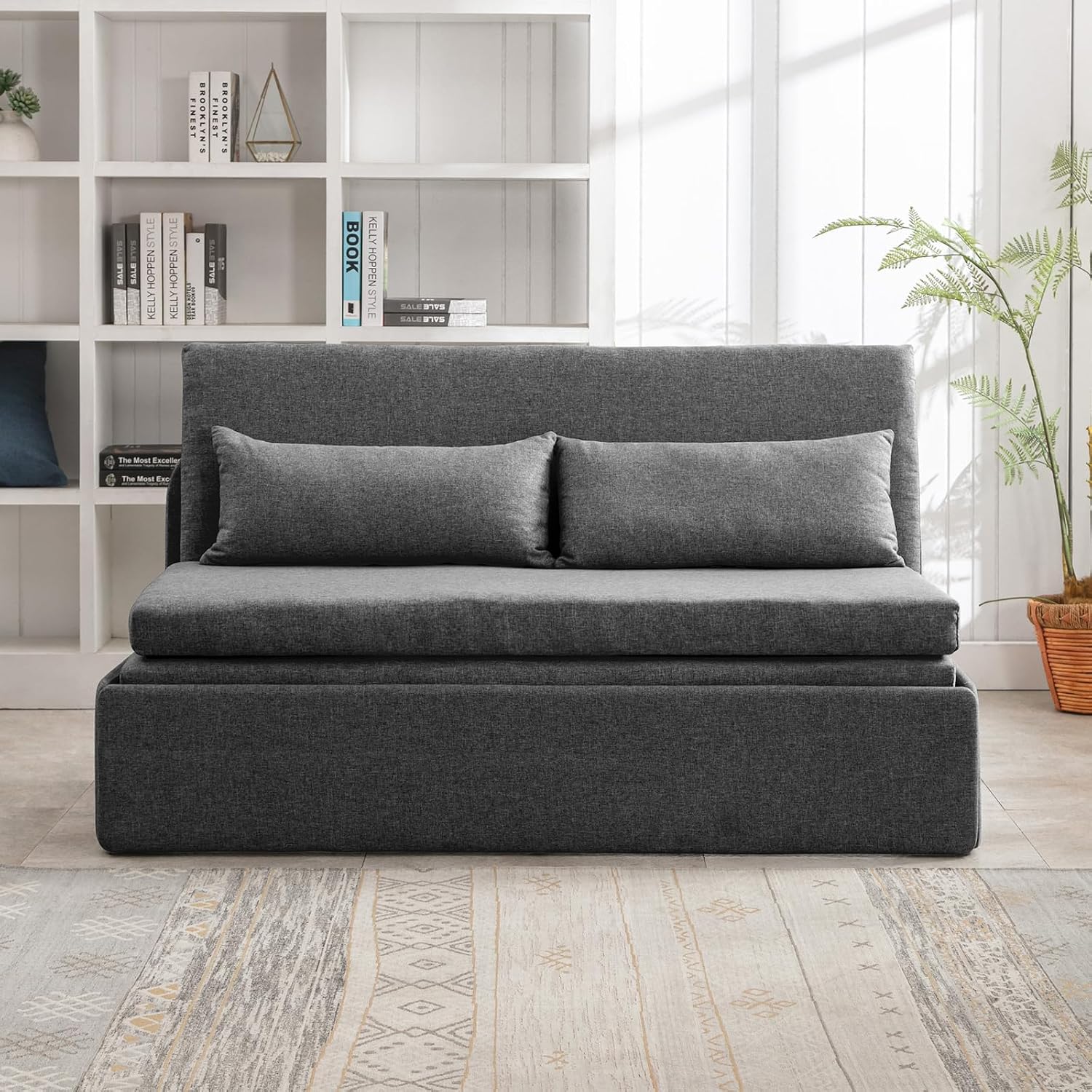 BALUS 61' Queen Sofa Bed Couch Convertible Sleeper with Pullout Beds, Folding Sofabed Guest Bed with 2 Pillows, Tri-fold Mattress Sofas Armless Loveseat for Living Room Apartment Loft - Dark Gray