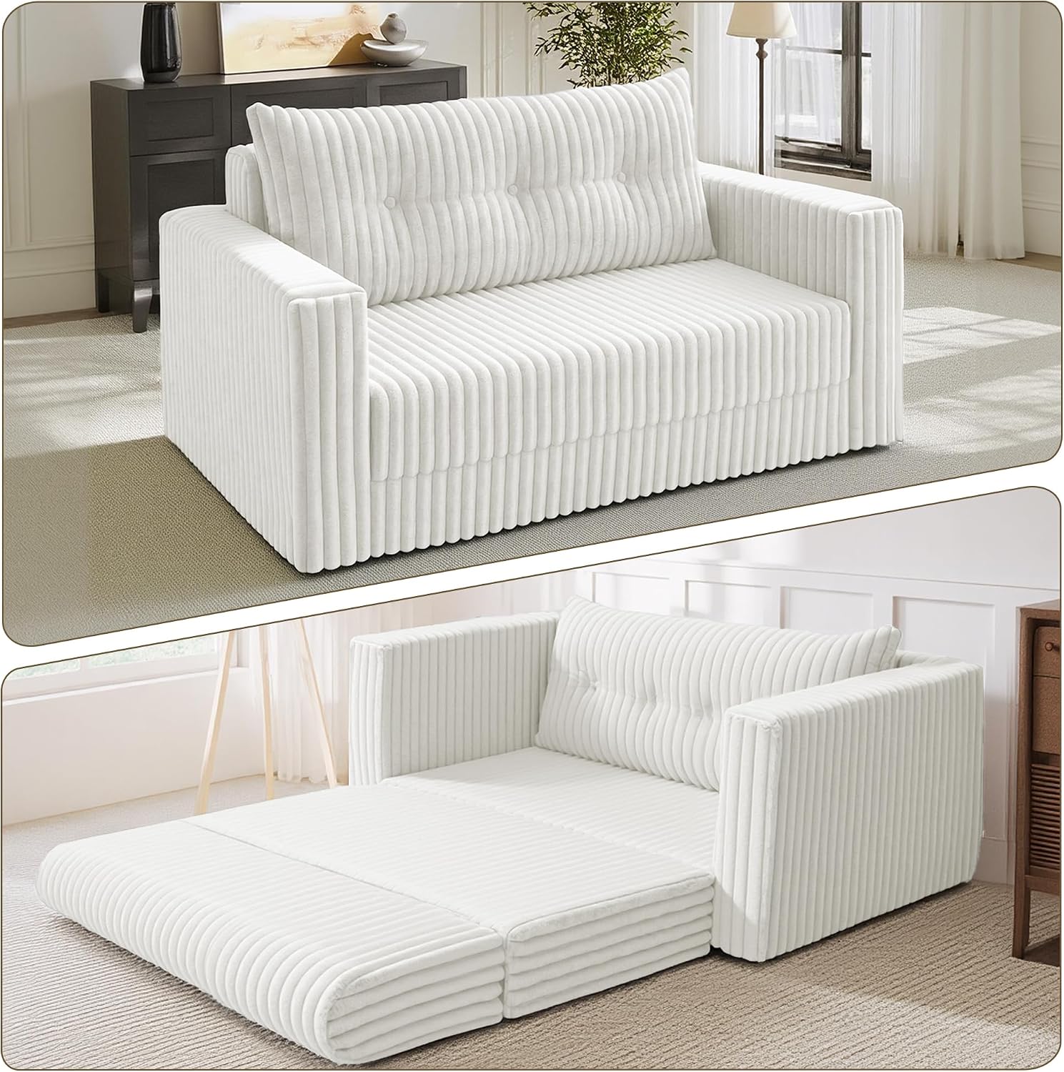 HABUTWAY Folding Sofa Bed, 2 in 1 Convertible Sleeper Chair with Pillow, Portable Fold Out Chair Bed with Armrest, Comfy Floor Couch, Lazy Sofa for Living Room Bedroom Dorm Home Office, Beige