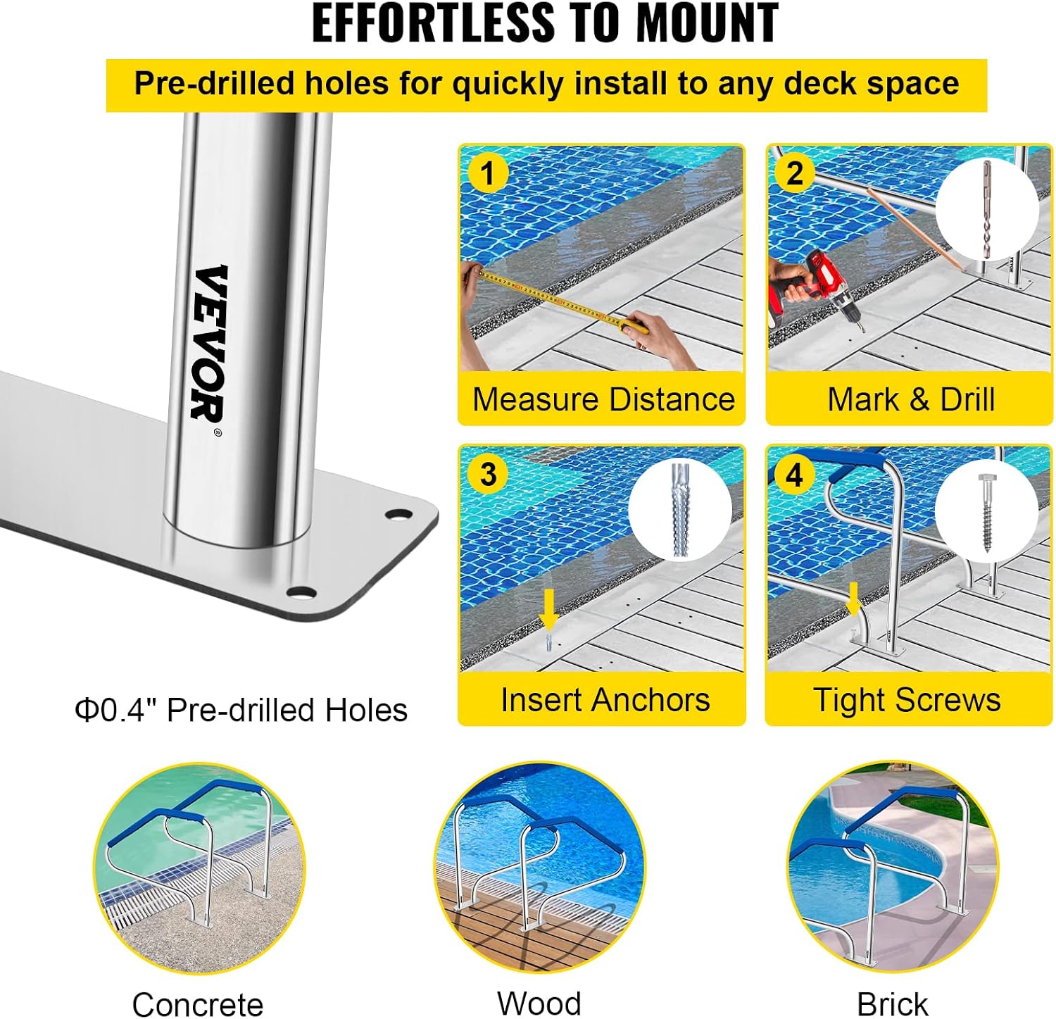 VEVOR Pool Handrail, 49.4' x 34' Stainless Steel Stair Rail, 375lbs Load Capacity, Quick Mount Base Plate, Complete Mounting Accessories