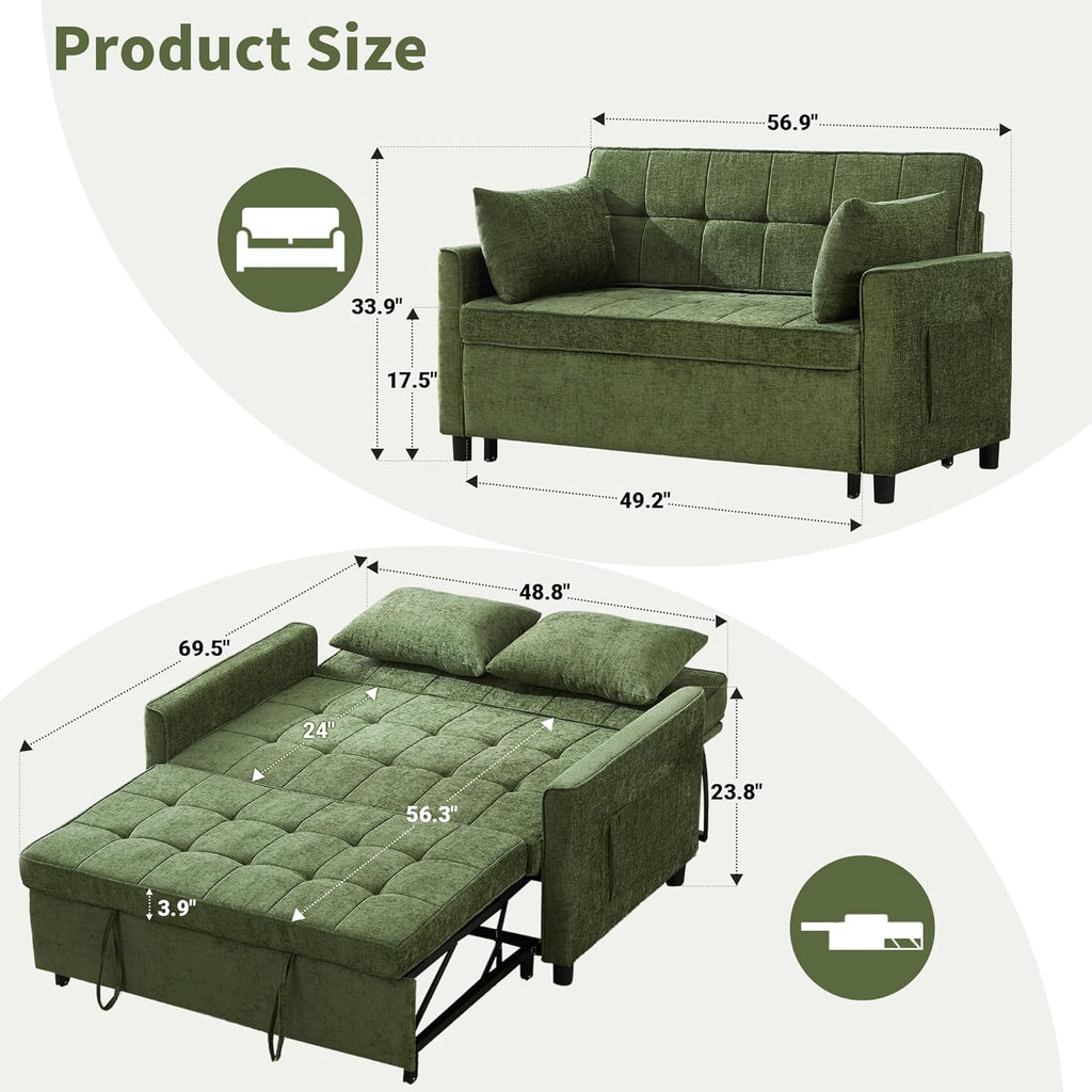Tbfit 57' Loveseat Sleeper Convertible Sofa Bed, Futon Couch with Pullout Bed, USB & Adjustable Backrest, Chenille Queen Size Pull Out Couches for Living Room, Apartment, Office, Dorm, RV, Green
