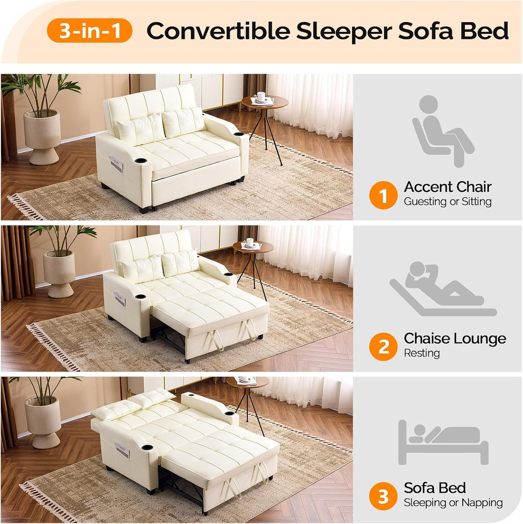 VINGLI Beige Loveseat Sleeper Sofa, Convertible Futon Sofa Bed Pullout Couch Bed with USB Ports, Cup Holders, Armrest for Living Room, Bedroom, Home Office Apartment