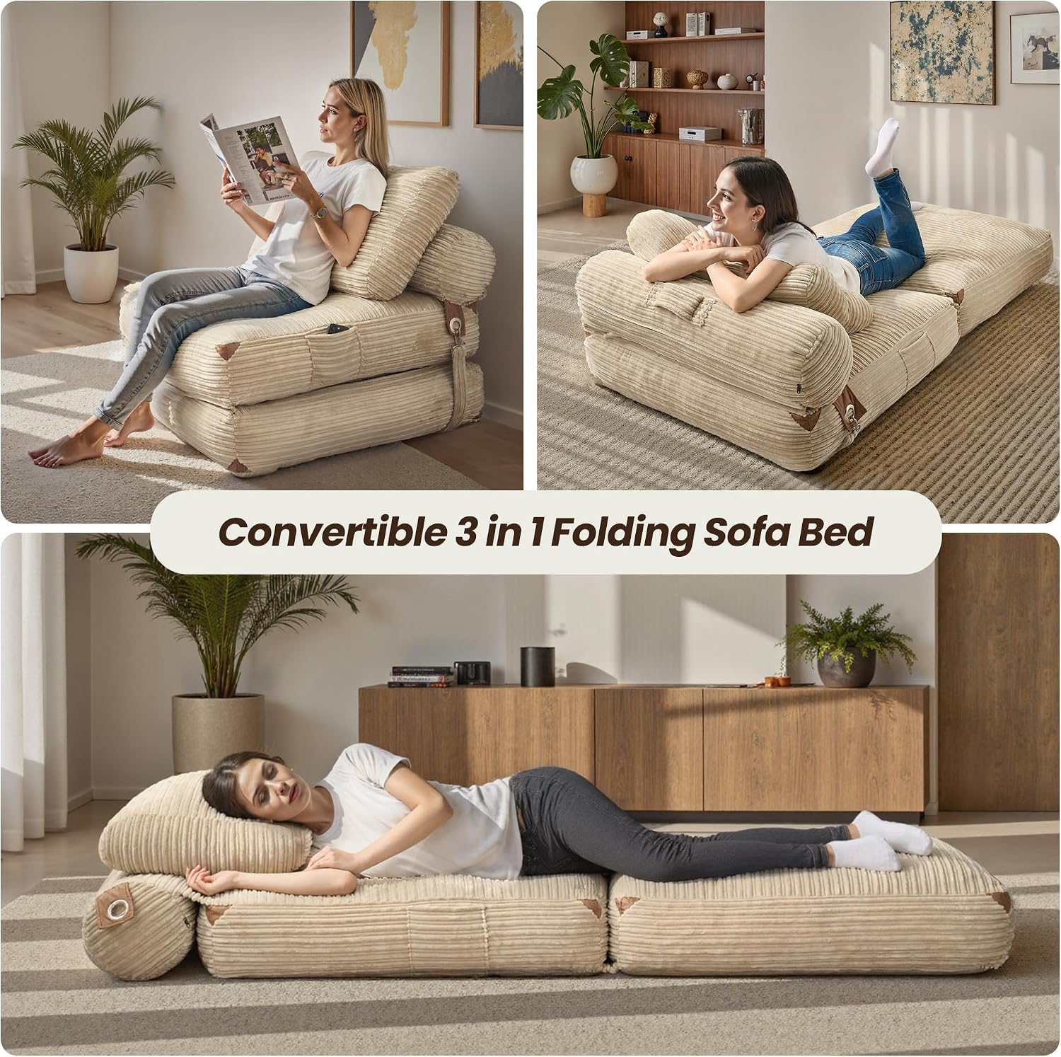 ovios Folding Sofa Bed, Foldable Sleeper Chair Floor Futon, Comfy Portable Convertible Fold Out Lounge Chairs for Living Room Bedroom, Beige