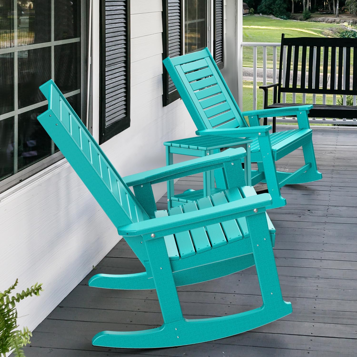 GREENVINES Outdoor Rocking Chairs | Set of 4 | Porch Rocker | HDPE Plastic | Aqua | Oversized Rockers | High Back | Big & Tall | Ladder Back | for Patio Outside Backyard Balcony Garden