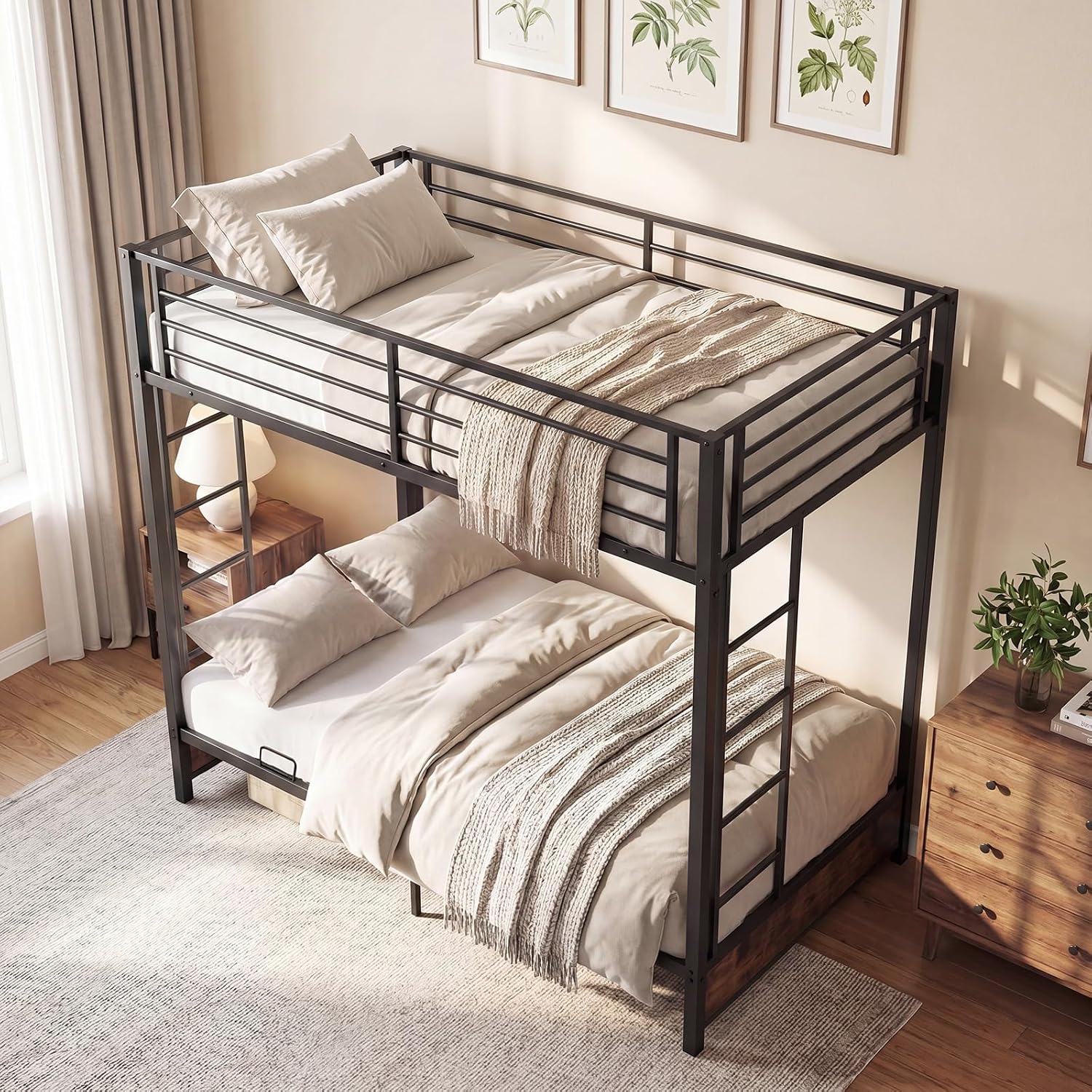 Giantex Twin Over Twin Futon Bunk Bed, Convertible Metal Bunk Bed with Futon Frame, 2 Ladders & Safety Guardrails, Heavy Duty Sofa Couch Beds with Under-Bed Space, for Kids, Adults (Rustic Brown)