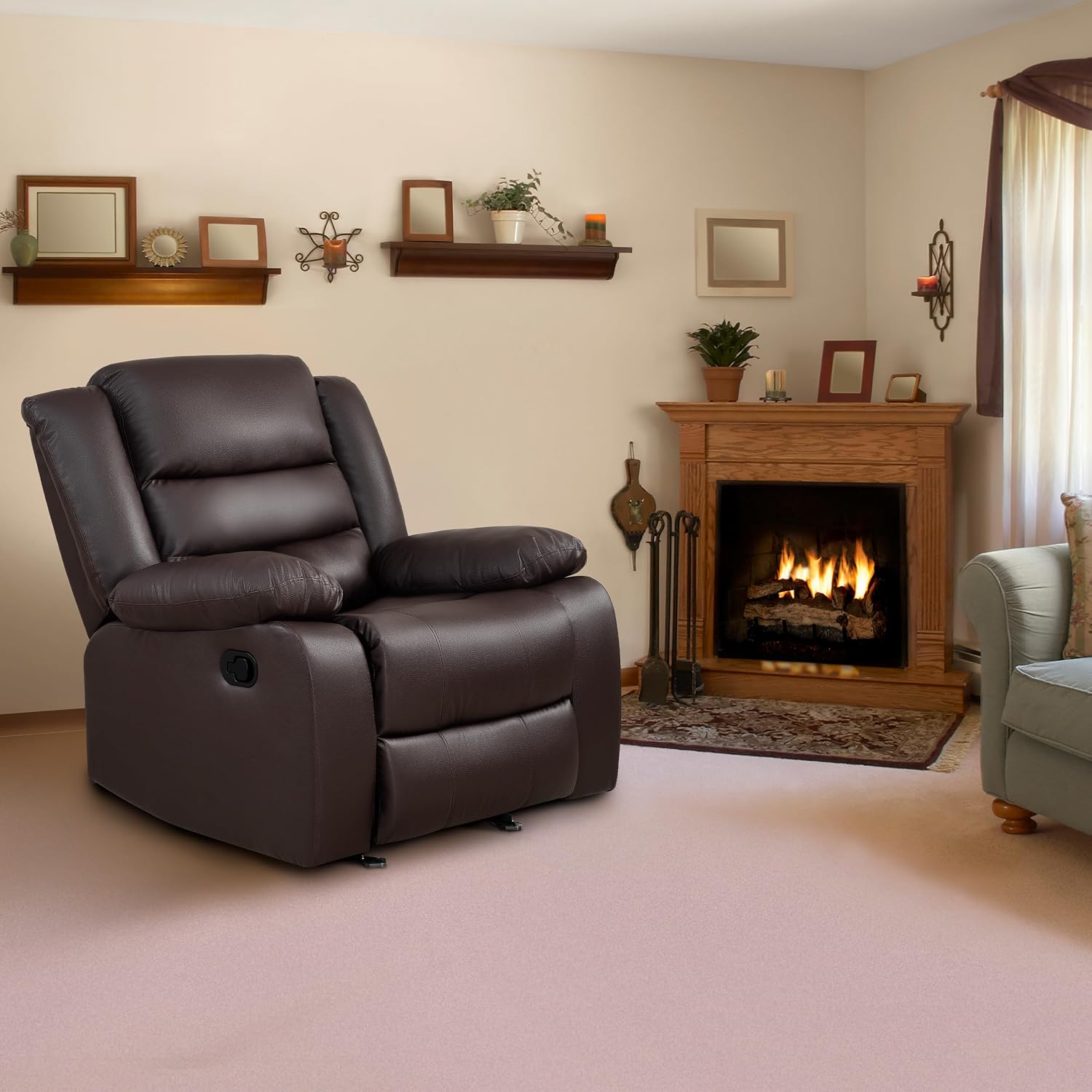 PrimeZone Oversized Rocker Recliner Chair - Comfy Wide Lazy Boy Recliner Chair with Overstuffed Armrest, Faux Leather Manual Reclining Chairs for Living Room, Bedroom, Home Theater, Brown Set of 2