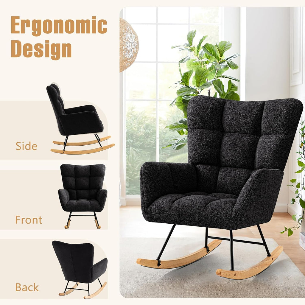 Furniliving Nursery Rocking Chair Upholstered Glider Rocking Chair Modern Accent Chair Padded Seat Reading Chair with High Backrest Comfy Chair for Living Room, Bedroom, Nursery, Black, Teddy