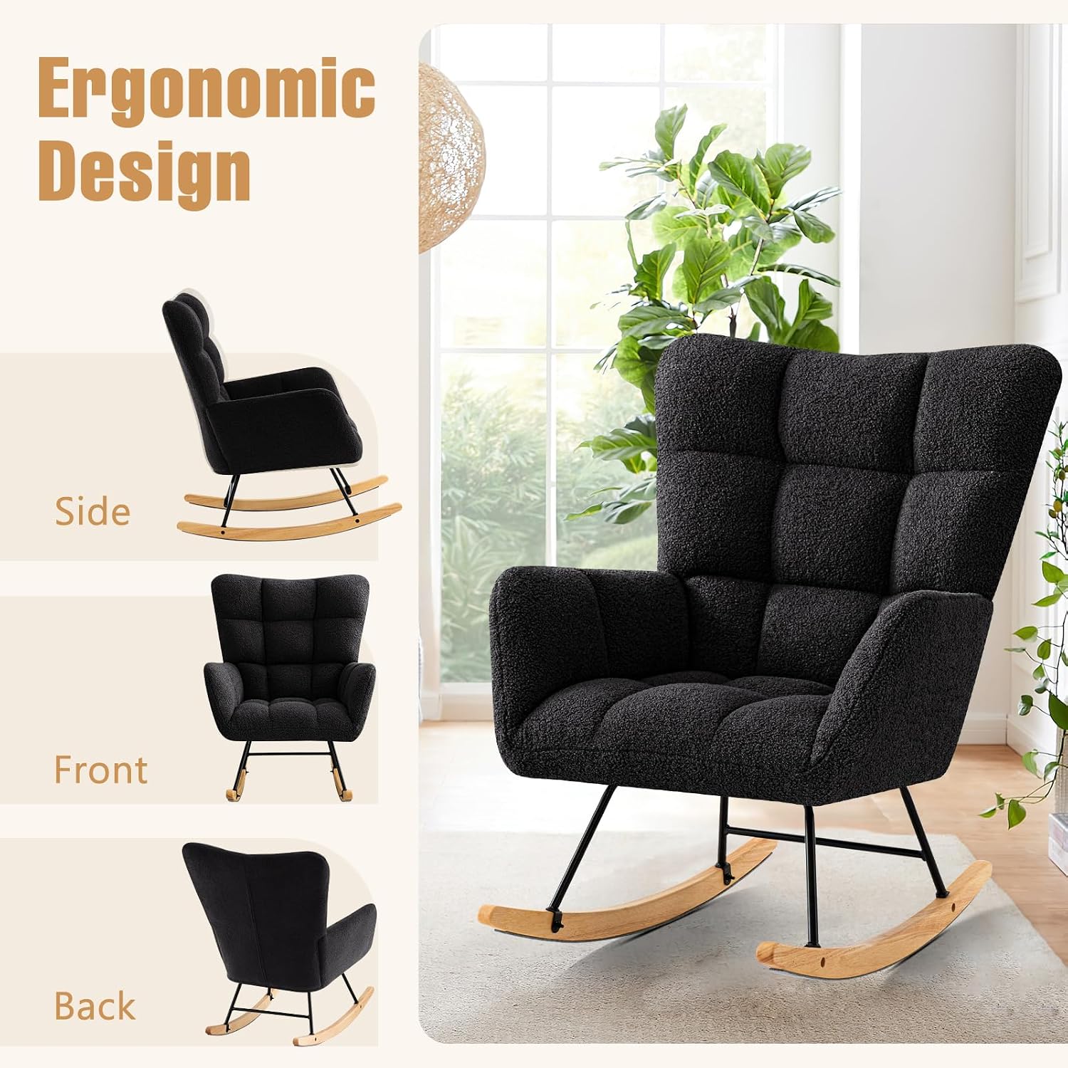 Furniliving Nursery Rocking Chair Upholstered Glider Rocking Chair Modern Accent Chair Padded Seat Reading Chair with High Backrest Comfy Chair for Living Room, Bedroom, Nursery, Black, Teddy