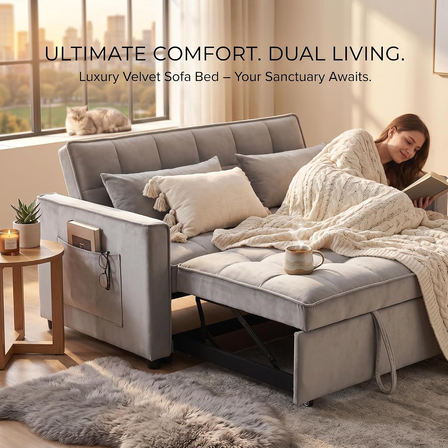 3-in-1 Loveseat Sleeper Sofa, Modern 55.5' Pull Out Couch, Velvet Upholstered Futon Sofa Bed with Adjustable Backrest, Convertible Sofa Bed with Storage Pockets for Living Room(Light Grey)