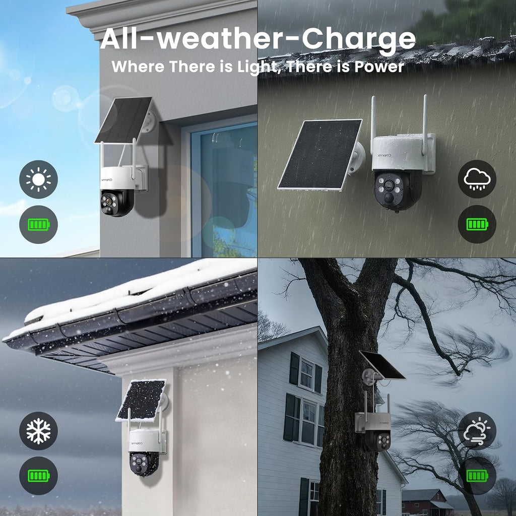 xmartO Solar Camera Outdoor Wireless, 4 PCs QHD 4MP Wireless PTZ Security Camera System with 4K 10CH Expandable WiFi NVR, All-Weather Solar Charge, Two-Way Audio, PIR Sensor, No Monthly Fee, 500GB