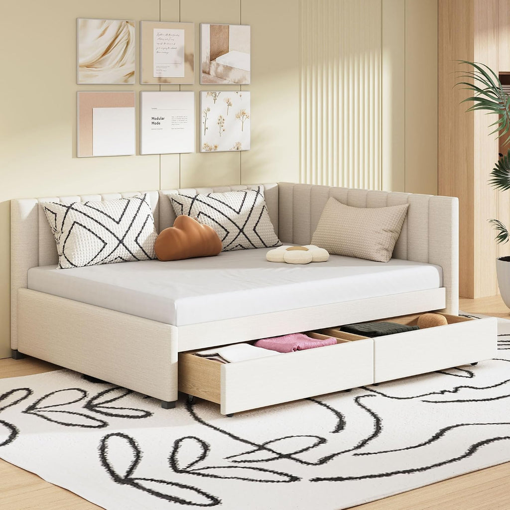 Merax Upholstered Daybed with 2 Storage Drawers, Beige Linen Full Size Sofa Bed Frame, No Box Spring Needed
