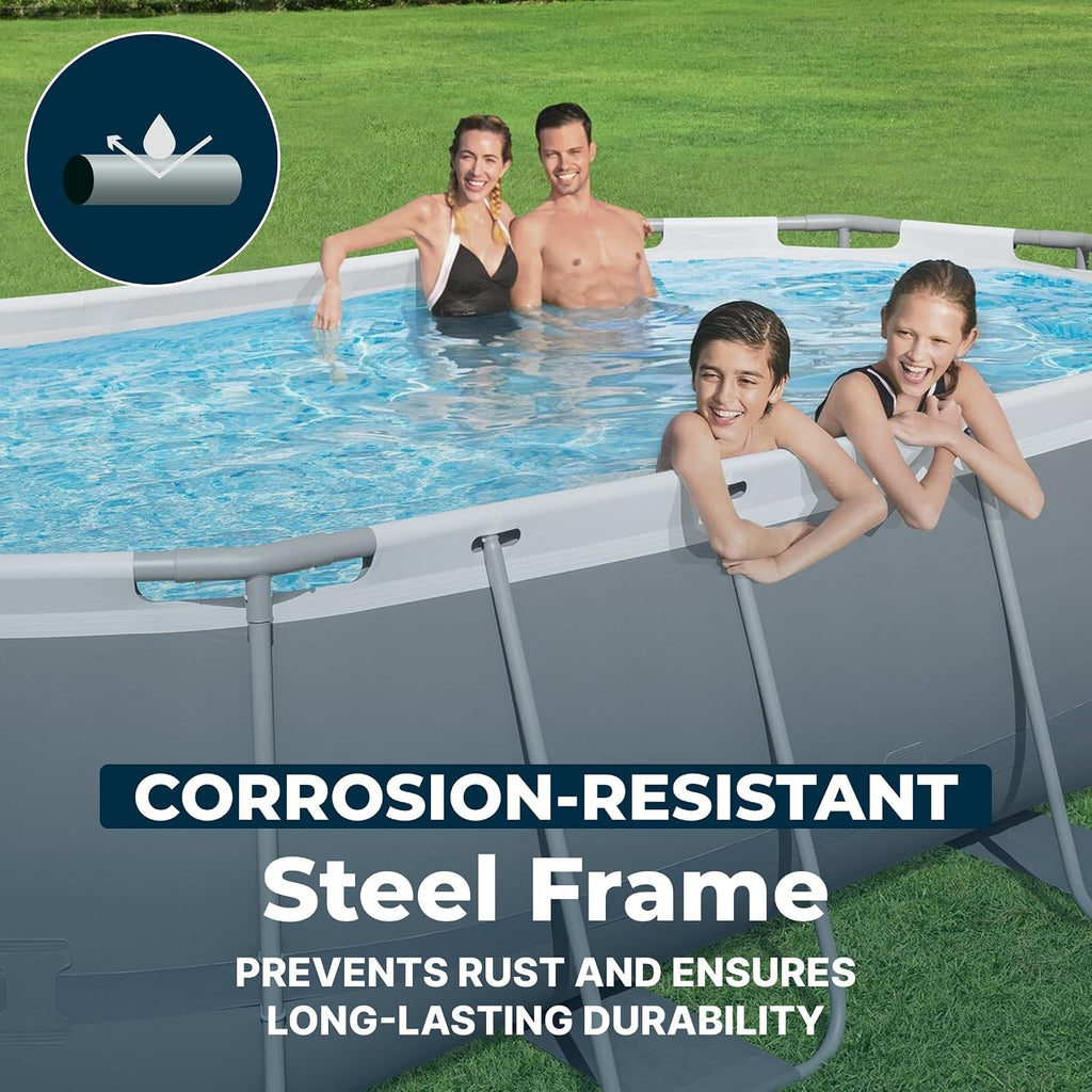 Bestway Steel Pro MAX 14' x 8'2' x 39.5' Oval Above Ground Swimming Pool Set, 530 GPH Filter Pump, Ladder, Tritech Puncture Resistant Liner, ClickConnect Steel Frame, Gray
