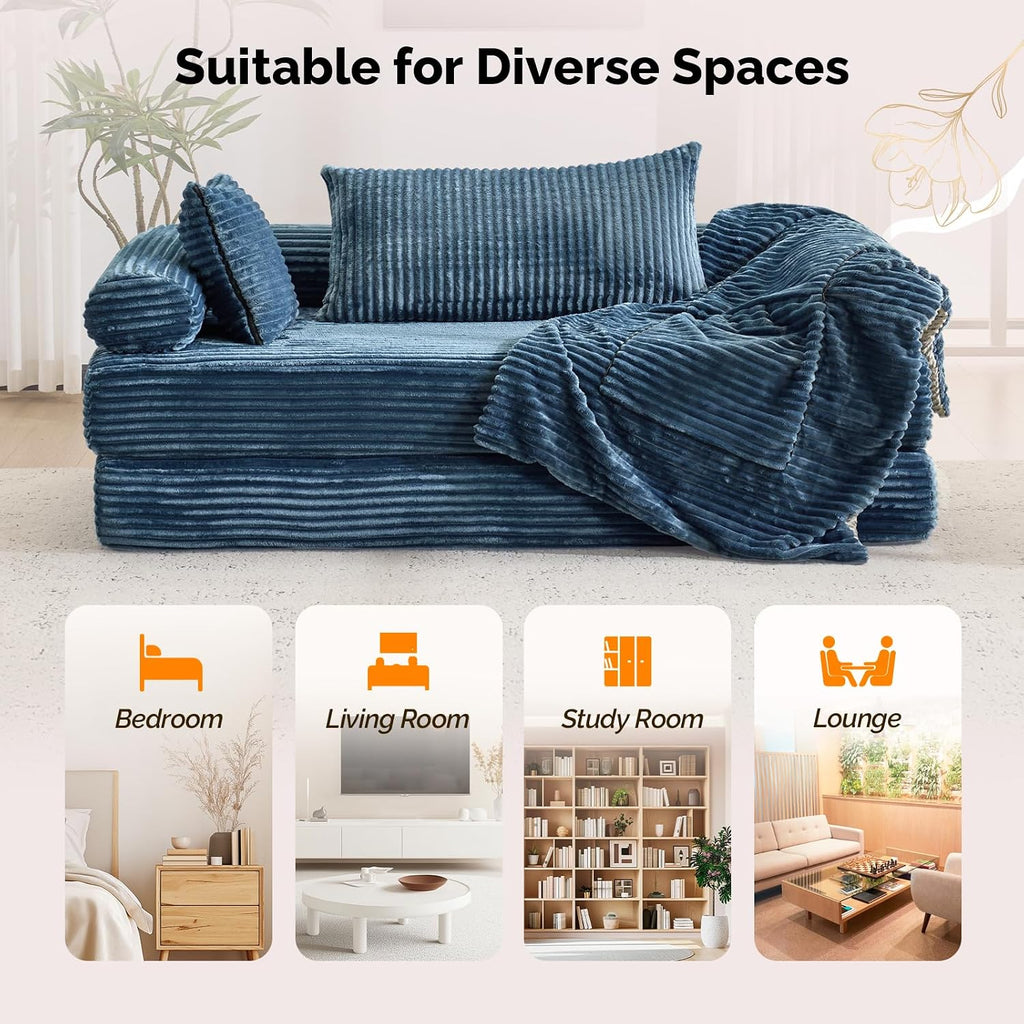 VINGLI Convertible Futon Sofa Bed, Upholstered Corduroy Boneless Couch King Size Floor Loveseat Sleeper Sofa with 2-in-1 Throw Pillow & Blanket Couches for Living Room, Bedroom, Lounge, Navy Blue
