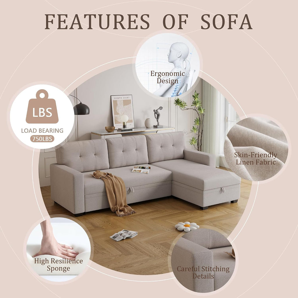 Ball & Cast Convertible Sectional Sleeper Sofa Bed L Shaped,4 in 1 Pull Out Couch with Reversible Storage Chaise & Removable Back Cushions,Sleeper Corner Pull Out Sofa Bed Couch for Living Room,Office