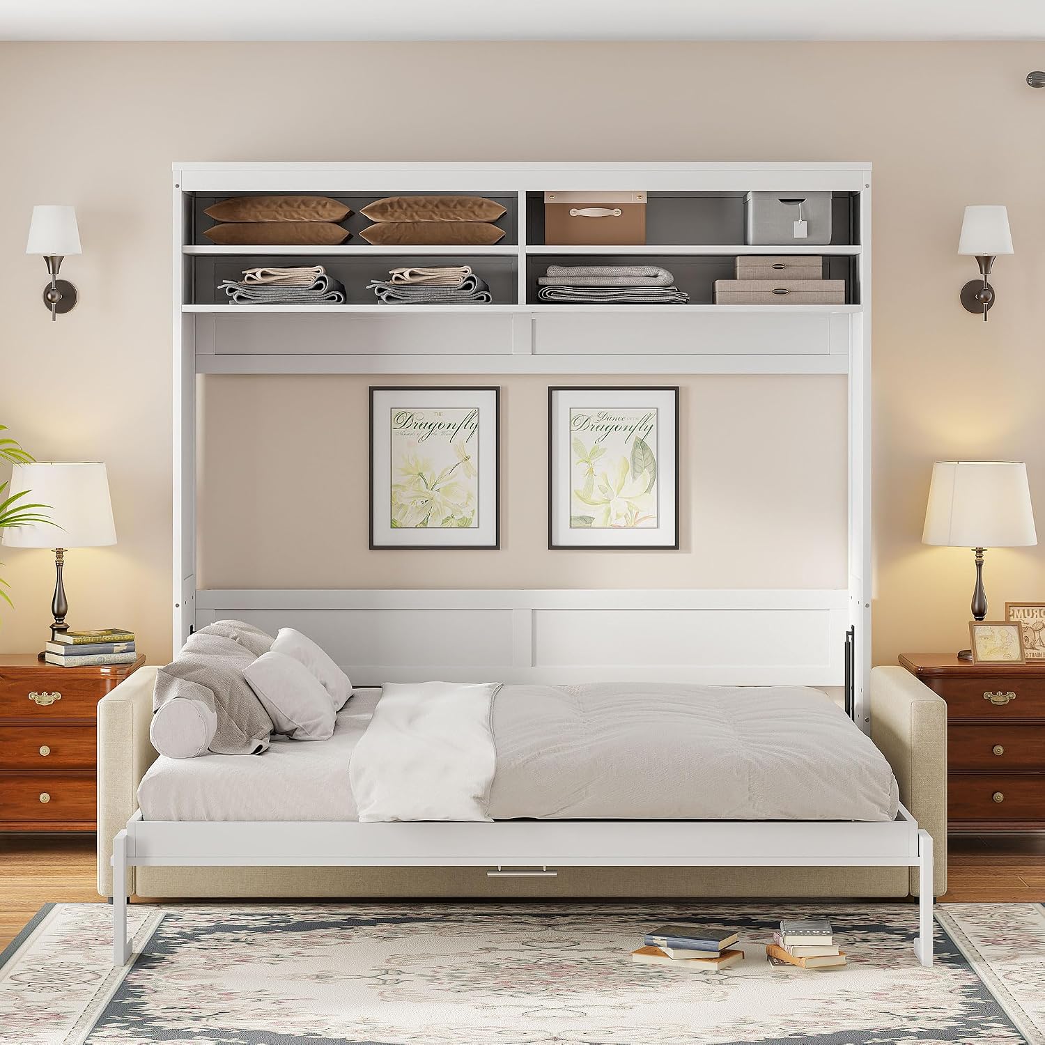Merax Queen Size Murphy Bed, Wooden Queen Murphy Bed with Sofa and Cushion, Wall Bed with Shelves, White