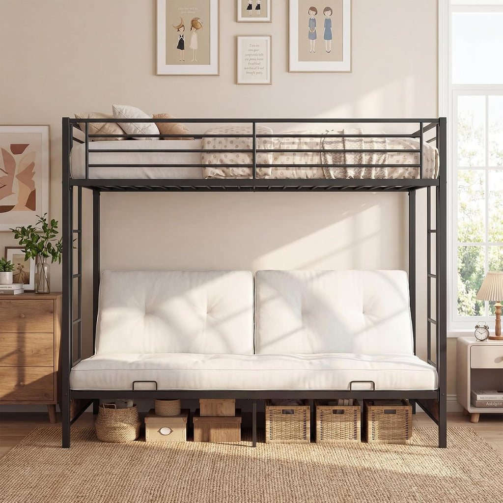 Giantex Twin Over Twin Futon Bunk Bed, Convertible Metal Bunk Bed with Futon Frame, 2 Ladders & Safety Guardrails, Heavy Duty Sofa Couch Beds with Under-Bed Space, for Kids, Adults (Rustic Brown)