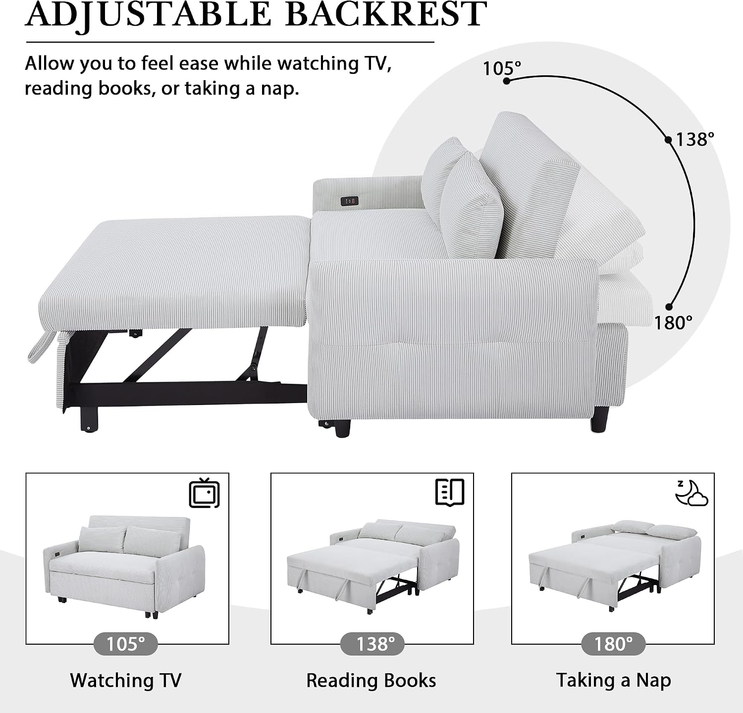 Merax Pull-Out Sofa Bed with Adjustable Backrest and Two Throw Pillows, 2 Seat Loveseat Lounge & Type C and USB Ports, 3 in 1 Convertible Sleeper Couch for Living Room, Light Blue