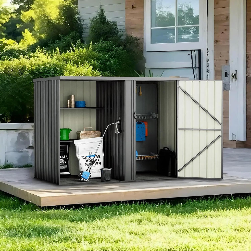 Durable 8×4 FT Metal Outdoor Storage Shed with Shelves, Waterproof & Lockable Garden Tool Shed, Small Backyard Patio Storage Shed for Lawn Mower, Dark Gray (No Floor)