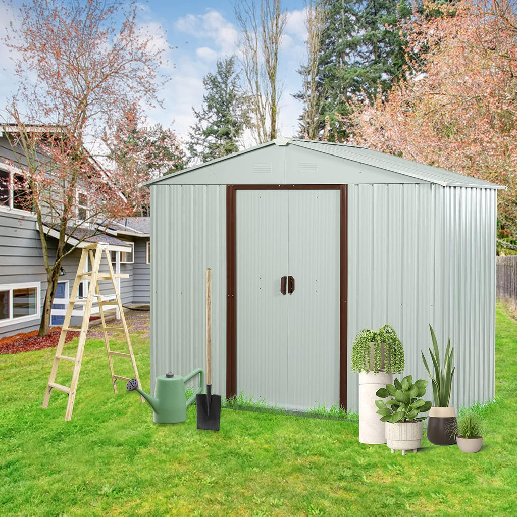 6 x 4 Ft Outdoor Storage Shed, Sturdy Metal Garden Shed with Base Foundation, Waterproof Patio Tools Shed Storage House with Sliding Doors for Backyard Lawn, White