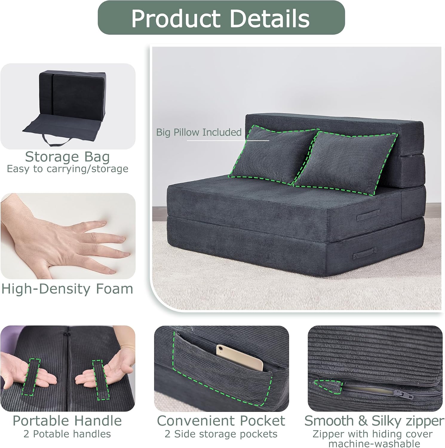 Folding Sofa Bed, 4 in 1 Convertible Sleeper Chair with Pillow, Twin Memory Foam Fold Out Chair Bed, Modern Floor Futon Sofa Couch Mattress for Living Room/Guest/Apartment, Dark Grey