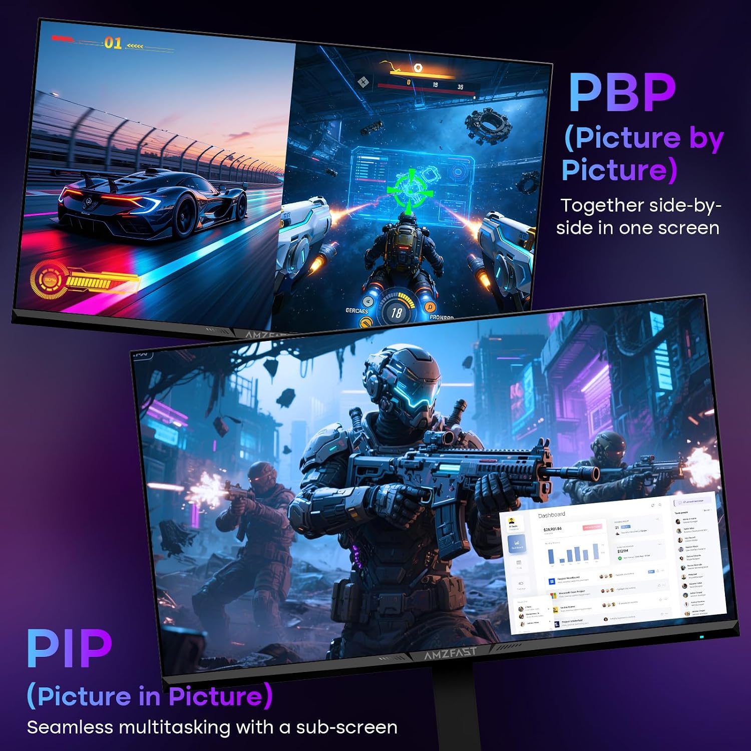 Amzfast 27 Inch 4K Gaming Monitor HDR 400, UHD 160Hz 144Hz | FHD 320Hz 300Hz 1ms Fast IPS Dual Mode, 126% sRGB, PIP/PBP, HDMI 2.1 x 2 & DP 1.4 x 2, Height Adjustment, VESA.