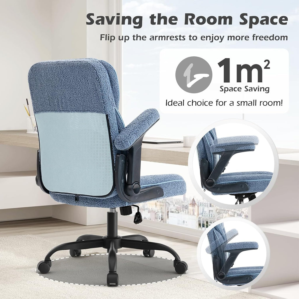 SEATZONE Home Office Desk Chairs with Wheels and Armrests,Office Chair Comfortable Ergonomic Mesh with Teddy Fleece Fabric Executive Computer Chairs for Adults and Teens,Blue
