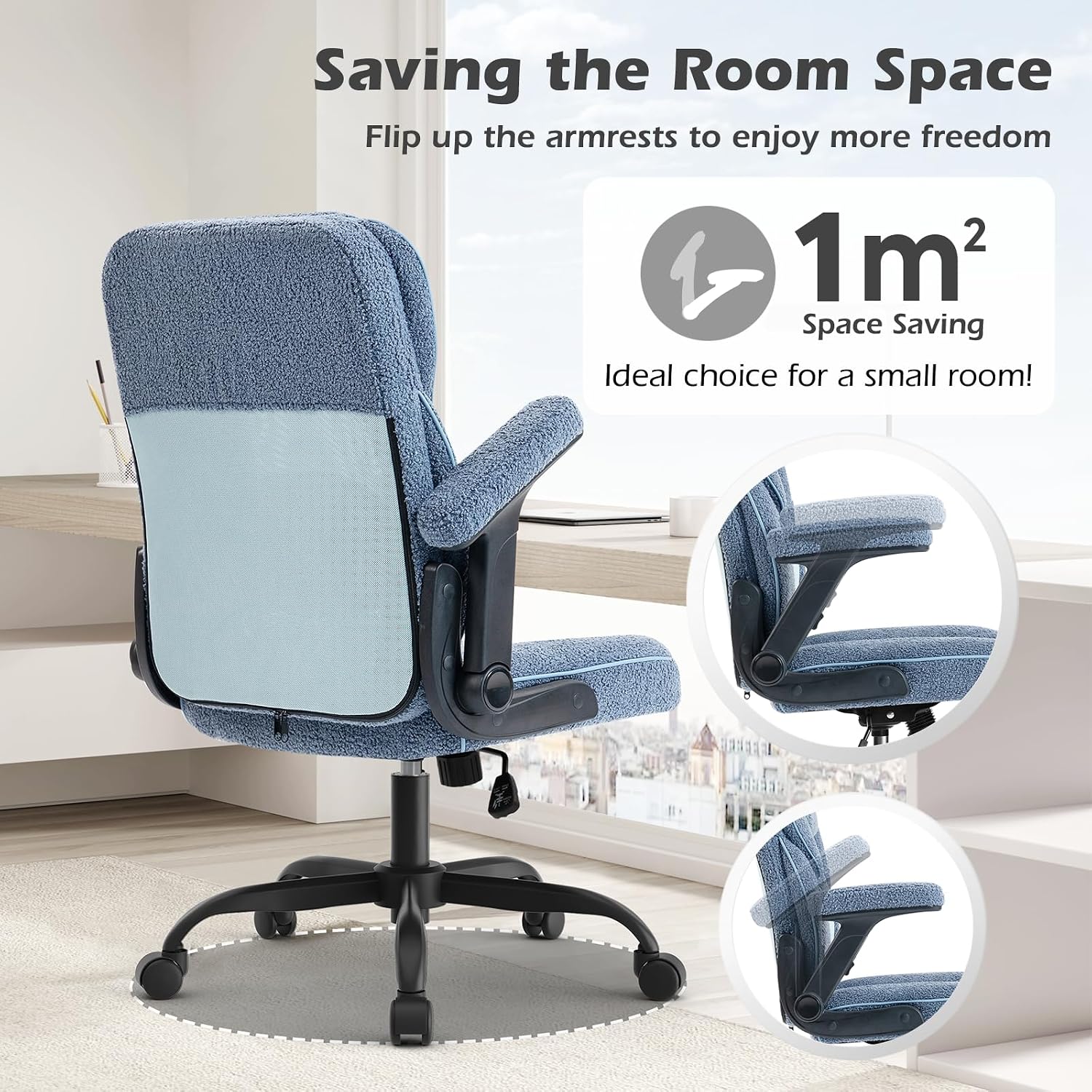 SEATZONE Home Office Desk Chairs with Wheels and Armrests,Office Chair Comfortable Ergonomic Mesh with Teddy Fleece Fabric Executive Computer Chairs for Adults and Teens,Blue
