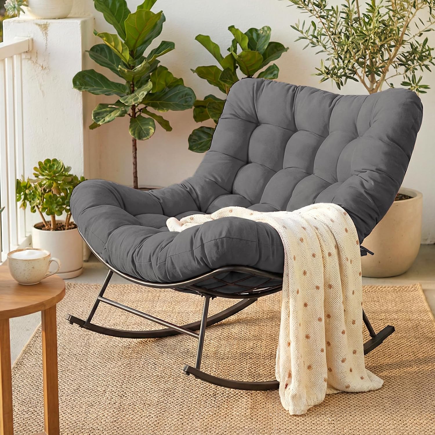 Cushioned Rocking Papasan Chair for Outdoor Indoor, Oversized Outdoor Rocking Chair with Cushion, Egg Rocker for Patio, Porch, Balcony, Lawn, Bedroom, Living Room, Gray