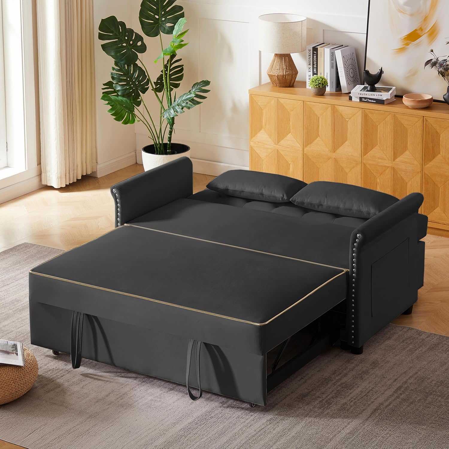 Auvsoce 57'' Convertible Sleeper Sofa Bed with Adjustable Backrest, Chaise Lounge, 2 Pillows & Side Storage Pockets – Stylish & Functional Furniture for Living Room or Small Spaces (Black Sofa Bed)